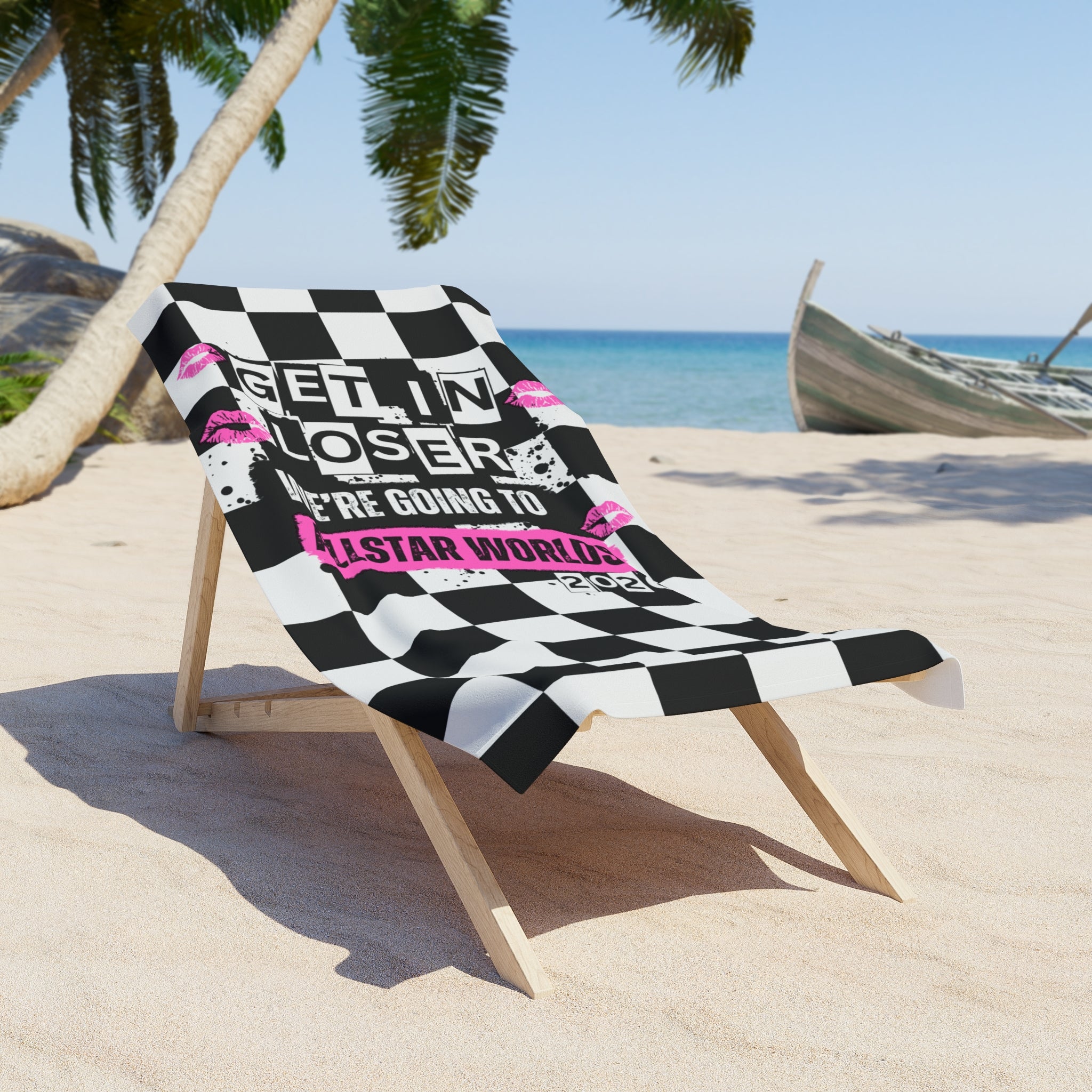 Get In Loser Beach Towel — Checkered 'We're Going to Allstar Worlds 2026' Pink Kiss Design