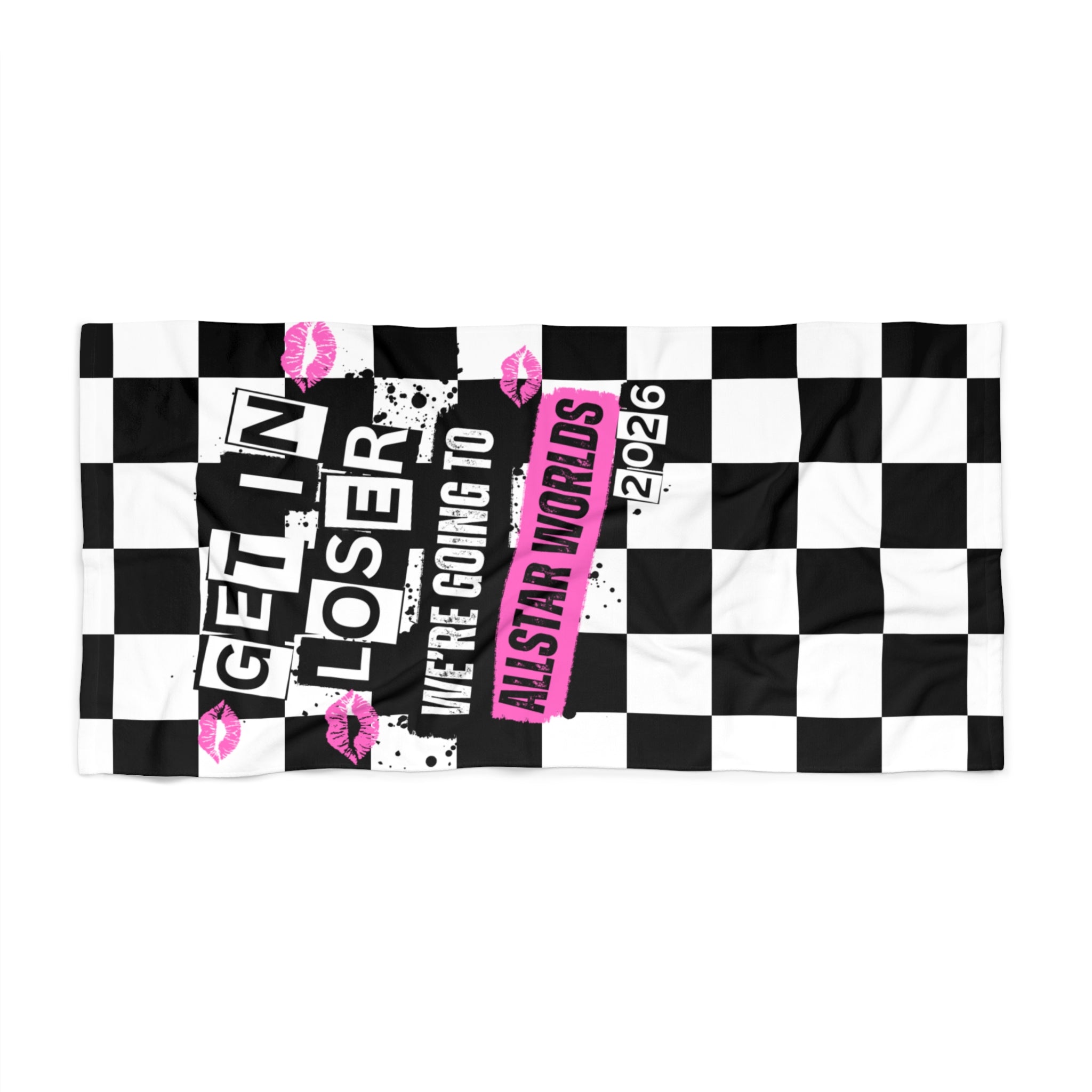 Get In Loser Beach Towel — Checkered 'We're Going to Allstar Worlds 2026' Pink Kiss Design